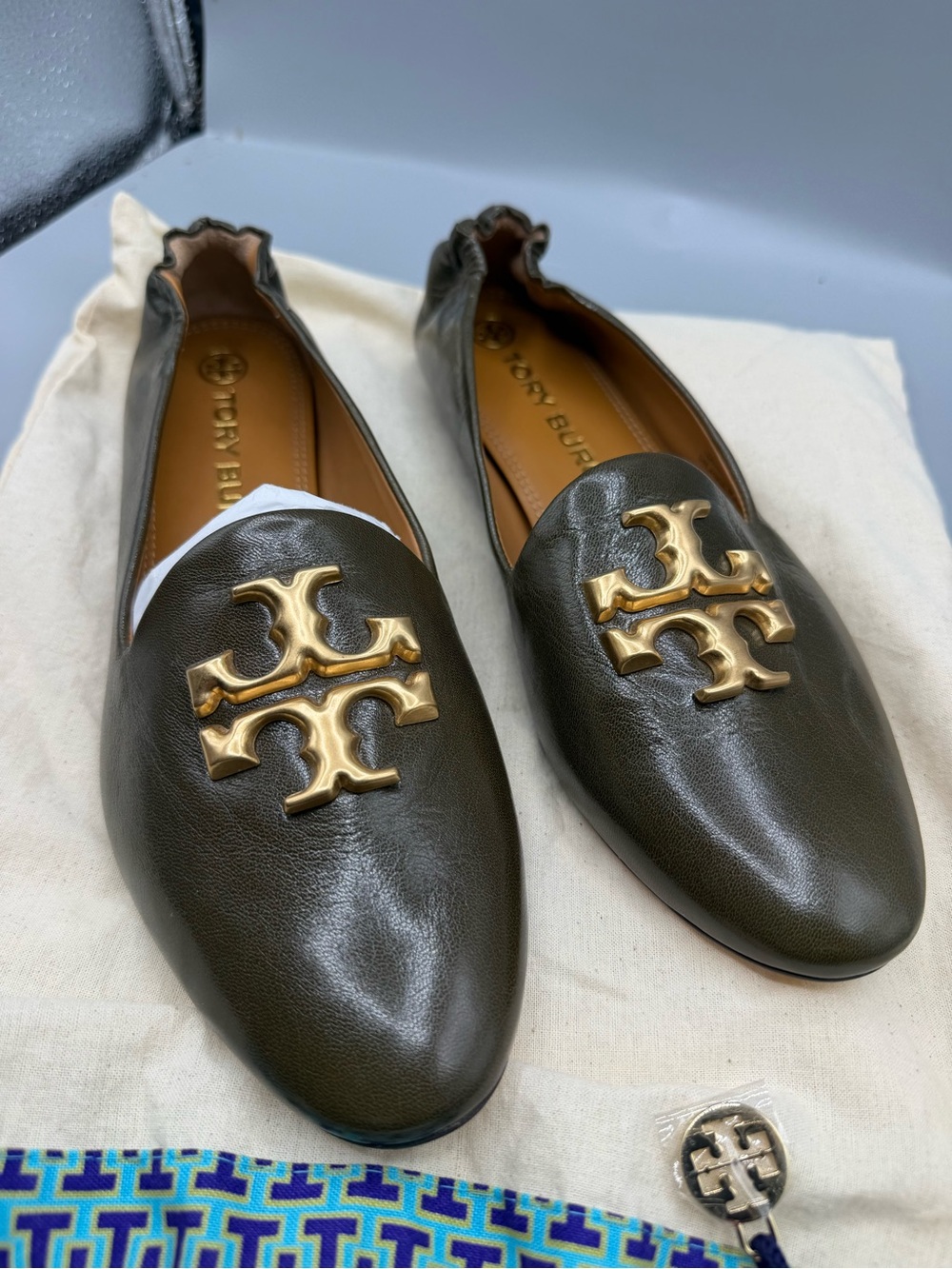 Tory Burch Olive Green Leather Logo Slip-On Loafers with Gold Emblem